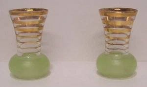 2 VTG Aperitif Glass MCM Satin Green Ball base Gold Rings Vase 4" tall - Picture 1 of 3
