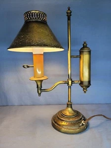 Brass Tole Student Desk Lamp Underwriters Lab Portable Table Light Metal Shade - Picture 1 of 12