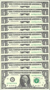 10 Consecutive 2013 $1 BB Block FRNs - Gem Crisp Uncirculated - Picture 1 of 2