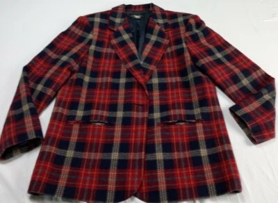 Vintage Requirements Plaid Wool Blend Dark Red and Navy Blue Jacket  Size 8 - Image 1 of 4