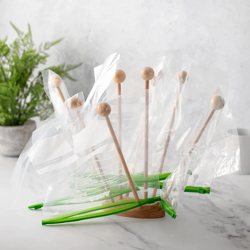 HOTCAN Beech Wood Plastic Bag Drying Rack Reusable Bag & Bottle Dryer w/ Sealer Clips