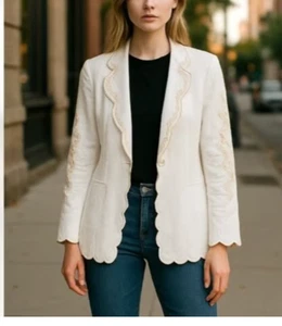NWT JOIE White Linen Blend Embroidered Blazer Open Front Medium - Picture 1 of 7