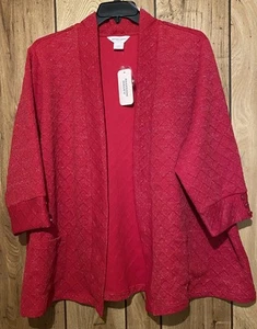 $79 NWT ALLISON DALEY 3X Open Front Jacket Red Sparkle 3/4 Sleeve Pockets - Picture 1 of 7