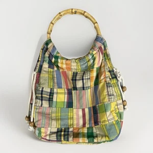 J Crew Madras Plaid Patchwork Bamboo Purse Bag Cotton Boho Preppy - Picture 1 of 7