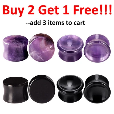 PAR de túneis de plugue de orelha de pedra orgânica - medidores de orelha de ônix preto ametista - maca de orelha - Imagem 1 de 4