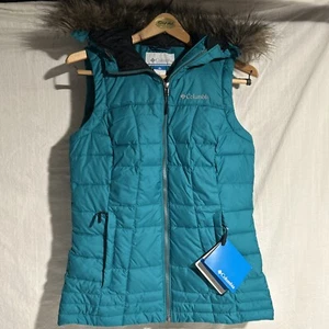 Columbia Women's Small Teal Green Hooded Premium Puffer Vest Faux Fur Trim Hood - Picture 1 of 21