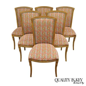 French Art Deco Style Carved Wood Red Upholstered Dining Side Chairs - Set of 6 - Picture 1 of 10