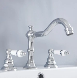 Chrome Brass Widespread 2 Knobs Basin Faucet Deck Mounted 3 Holes Sink Mixer Tap - Imagen 1 de 7