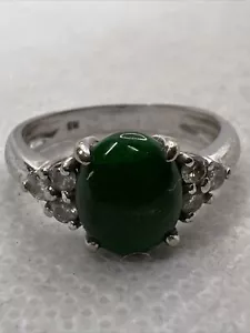 Solid 9K White Gold Created Green Opal Cabochon & Diamond DOME Style Ring 2.6gr. - Picture 1 of 12