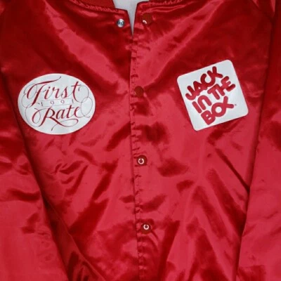 Chaqueta Bomber Vintage Satén Jack In The Box Abotonada Hecha en EE. UU. Talla XL Abrigo Rojo Foto 1 de 4