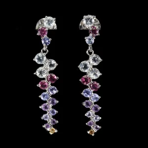 925 Pendientes de Plata de Ley Redondo Aguamarina Tanzanita Gema Natural Joyería - Imagen 1 de 13