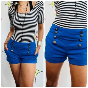 Y2K Blue Sailor Shorts with Gold Buttons – Pirate Core Boho Grunge – Size Small - Picture 1 of 8