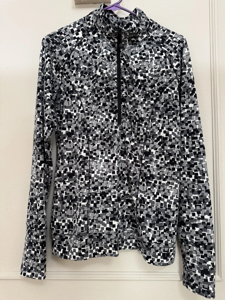 Talla Grande Soybu Blanco y Negro Estampado Geométrico Atlético Cuarto Cremallera Foto 1 de 4