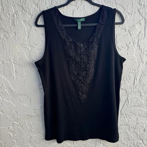 Lauren Ralph Lauren Tanktop Damen 2X schwarz Spitzenbesatz gerippt ärmellos V-Ausschnitt - Bild 1 von 5