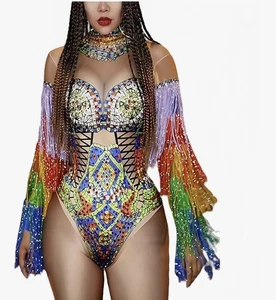 Rhinestone Tassel Sleeves Fringe Bodysuit Singer Sexy Costume Club Halloween - Picture 1 of 7