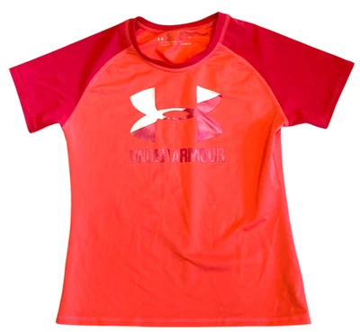 Under Armour Swim Shirt Girls 12 Fitted Heatgear Pink Orange Short Sleeves Logo - Image 1 of 4