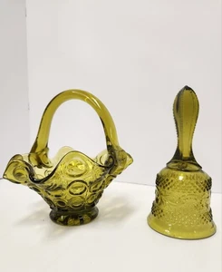 Amber Glass Basket & Bell Set – Vintage Thumbprint & Hobnail Display - Picture 1 of 10