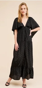 Free People Cha Cha Maxi Dress Black Boho Flutter Sleeve Open Back Sz S Romantic - Picture 1 of 8