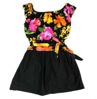 Terno de banho vintage Roxanne colorido floral com saia peça única década de 1980 - Imagem 1 de 4