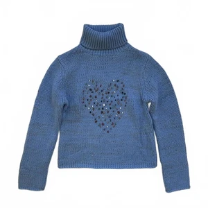 Vintage 90s Blue Chunky Wool Rollneck Jumper Beaded S-M - Picture 1 of 5