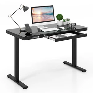 120x60cm Electric Standing Desk w/ Drawer & Tempered Glass Top Home Office - Picture 1 of 18