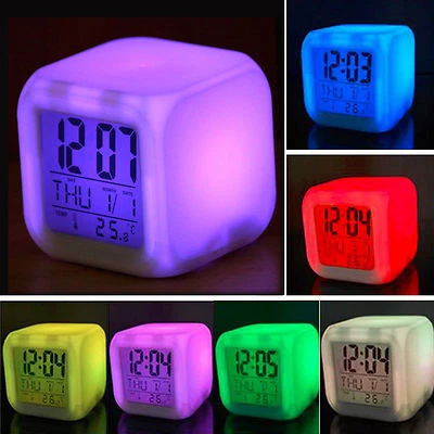 7 Colors LED Digital Alarm Clock Thermometer Glowing in the Dark Kid Lazy Clock - Image 1 of 4