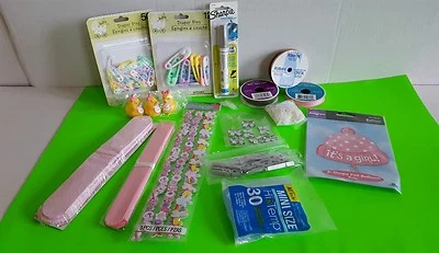 Lot of Baby Shower Christening Supplies Pink Foil Balloon, Diaper Pin, Ducks... - Image 1 of 4