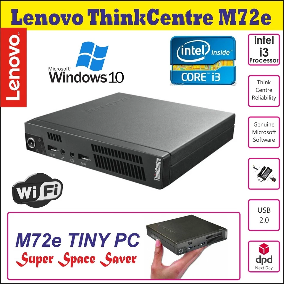 Lenovo ThinkCentre M72e Micro Tiny PC Core i3 @2.6 Wi-Fi 8GB RAM 240GB SSD Win10 - Image 1 of 4