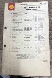 Genuine Sunbeam Alpine Series 1, Lubrication Chart,SHELL,Waxed Card,See pics - Picture 1 of 2