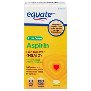 Equate Safety Coated Low Dose Aspirin Tablets for Pain Relief, 81mg, 120 Count - Picture 1 of 4