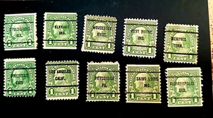 SET OF TEN BEN FRANKLIN PRECACELED ONE CENT STAMPS - F / VF CONDITION - Picture 1 of 5
