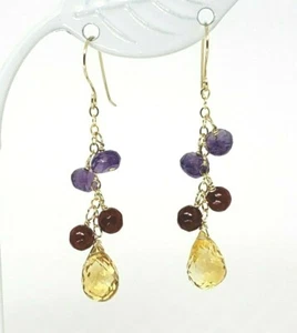 14k Yellow Gold Citrine, Amethyst and Ruby Briolette Cluster Dangle Earrings - Picture 1 of 5