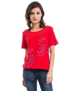 NUOVO! TOP in cotone a costine VENUS rosso con GRAFICA floreale ~ MEDIA / busto a 34" - Foto 1 di 3