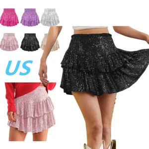 US Damen glänzend Pailletten A-Linie Rock integrierte Shorts Lagenlook Minirock Clubwear - Bild 1 von 163