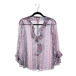 Zara Women's Floral Striped Ruffle V-Neck Sheer 3/4 Sleeve Boho Chic Blouse XS - Picture 1 of 9