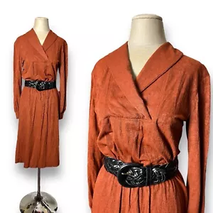 70er Vintage strukturiertes A-Linie Langarm Midikleid orange braun Herbst Herbst - Bild 1 von 9