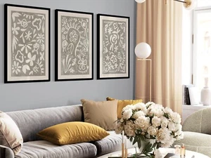 Conjunto botánico abstracto de 3 flores línea arte, arte de pared beige, línea botánica arte - Imagen 1 de 5