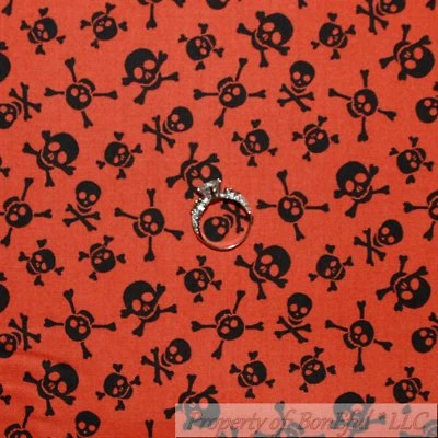 BonEful Fabric Cotton Quilt Orange Black Halloween Skull Skeleton Bone VTG SCRAP - Image 1 of 4
