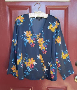 Blusa Laundry Shelli Segal XL Azul Marino Floral LS Poli Lavado a Máquina - Imagen 1 de 6