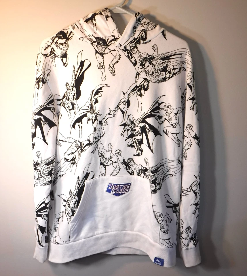 Puma DC Justice League Allover Print White Hoodie Youth Boy's Sz XL 18/20 Batman - Image 1 of 4