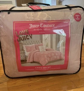 Juicy Couture Pink Logos & Crowns Embossed Plush 4p KING Comforter Set Soft&Cozy - Picture 1 of 6