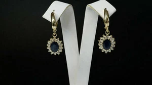 Natural Sapphire & Diamonds Drop/Dangle Earrings Yellow Gold Plated Silver - Picture 1 of 3