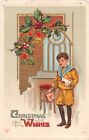 1911 Christmas Postcard of Holly by Little Boy With Toys - No. 794