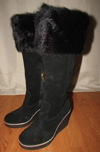 NWOB UGG VALBERG TOSCANA FUR CUFF BLACK SUEDE WEDGE TALL BOOTS SIZE US 7 - Picture 1 of 12