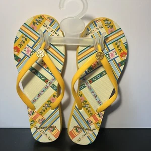 TORY BURCH WOMEN THONG SANDALS SIZE 8.5 GOLD CREST/RIBBON WEAVE COLOR USED - Picture 1 of 7