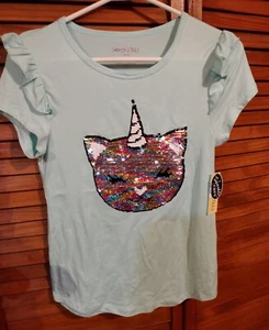 NWT Girl's t-shirt green with sequin cat/unicorn size 14/16 by Colette Lily - Picture 1 of 5