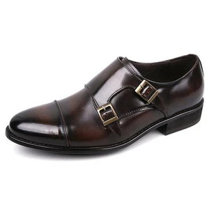 Men's brown real leather double buckle monk strap straight tips loafers - Picture 1 of 7