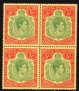 NYASALAND 1938-44 KGVI 5/- SCARCE SHADE BLOCK OF FOUR WITH HPF #52a VFUM SG 141a - Picture 1 of 1
