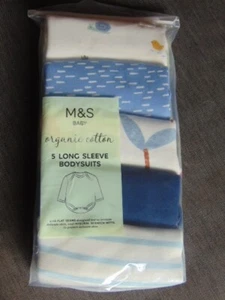 M&S 5 Bodys 'Tiere' 100% Bio Baumwolle L/S NEUGEBORENE 50cm Blau Mix Neu mit Etikett - Bild 1 von 1