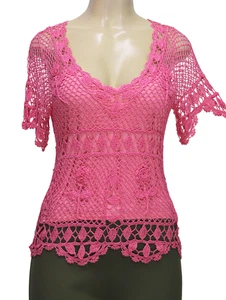 Kroshetta by Papillon Women's Crochet Top Short Sleeve Pink Size M - Picture 1 of 8